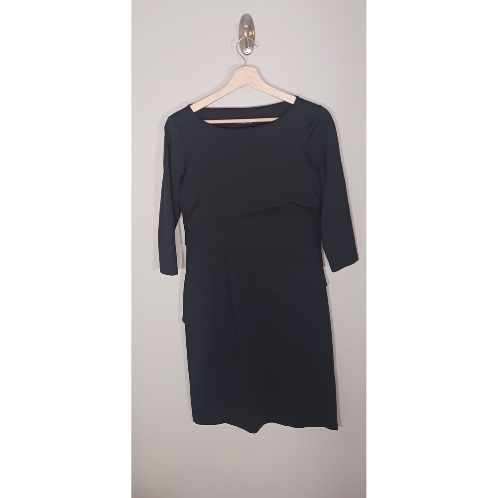 J McLaughlin Dress S Black Ruched Sheath Stretch 3/4 Sleeve Knee Length
